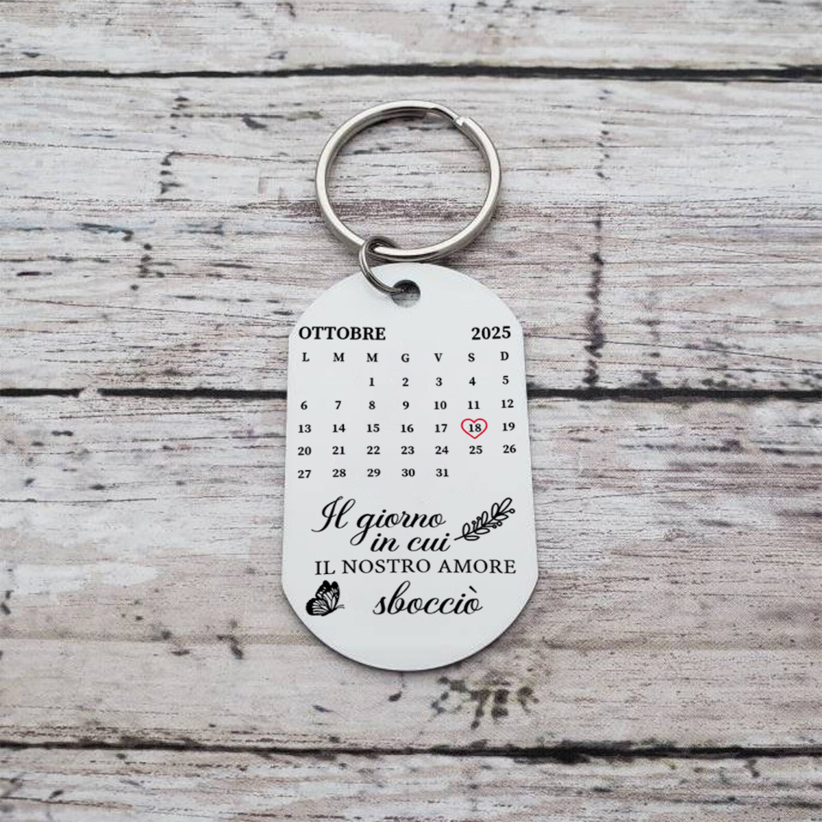 Portachiavi con calendario floreale personalizzato in acciaio inox - Il giorno in cui il nostro amore è sbocciato