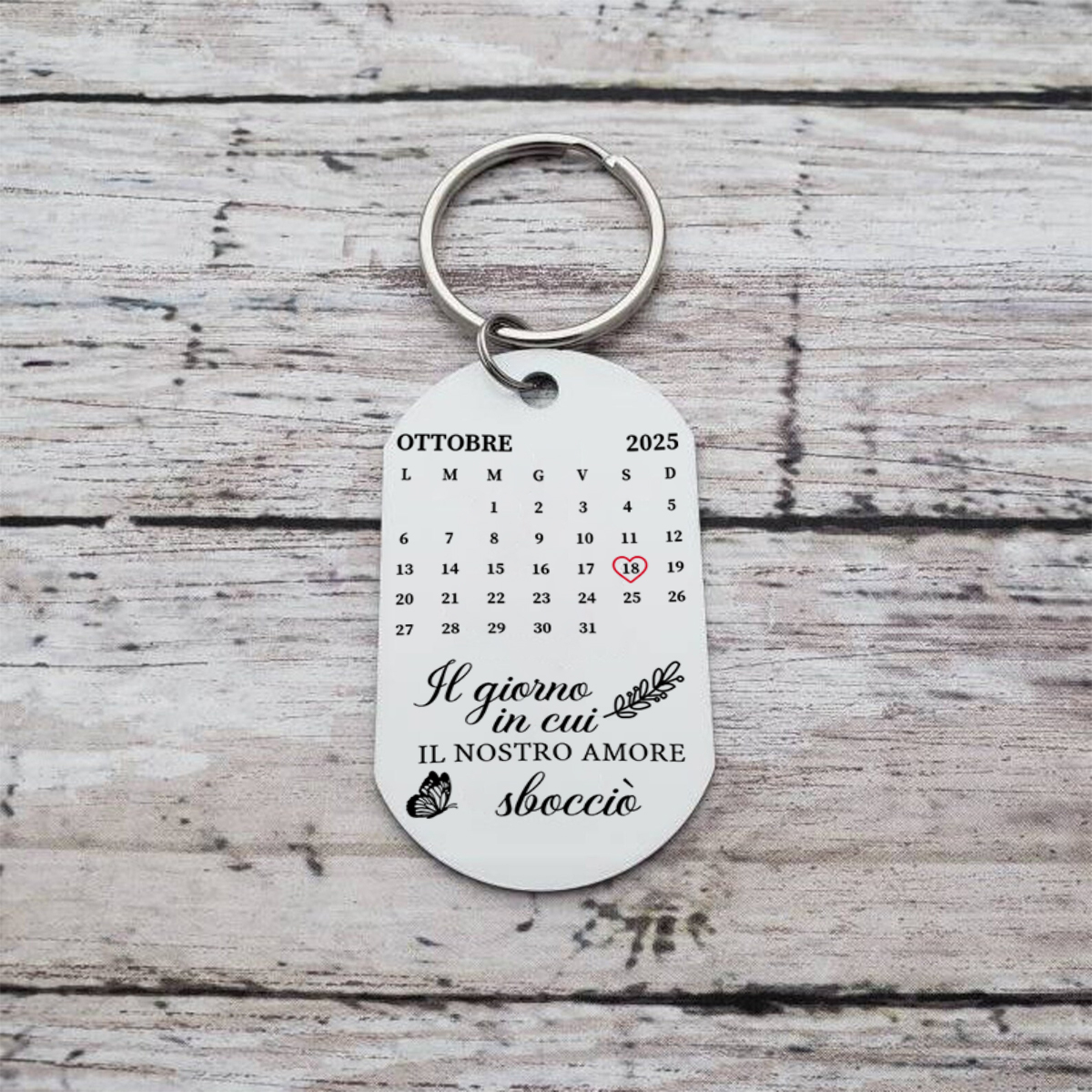 Portachiavi con calendario floreale personalizzato in acciaio inox - Il giorno in cui il nostro amore è sbocciato