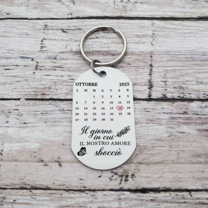 Portachiavi con calendario floreale personalizzato in acciaio inox - Il giorno in cui il nostro amore è sbocciato