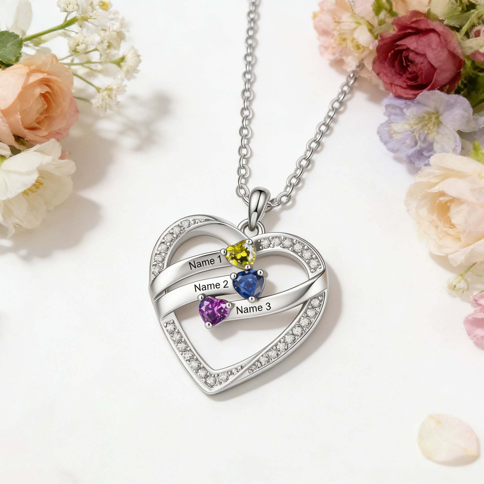 Collana a cuore personalizzata con pietre di nascita, incisa con 3–5 nomi di bambini
