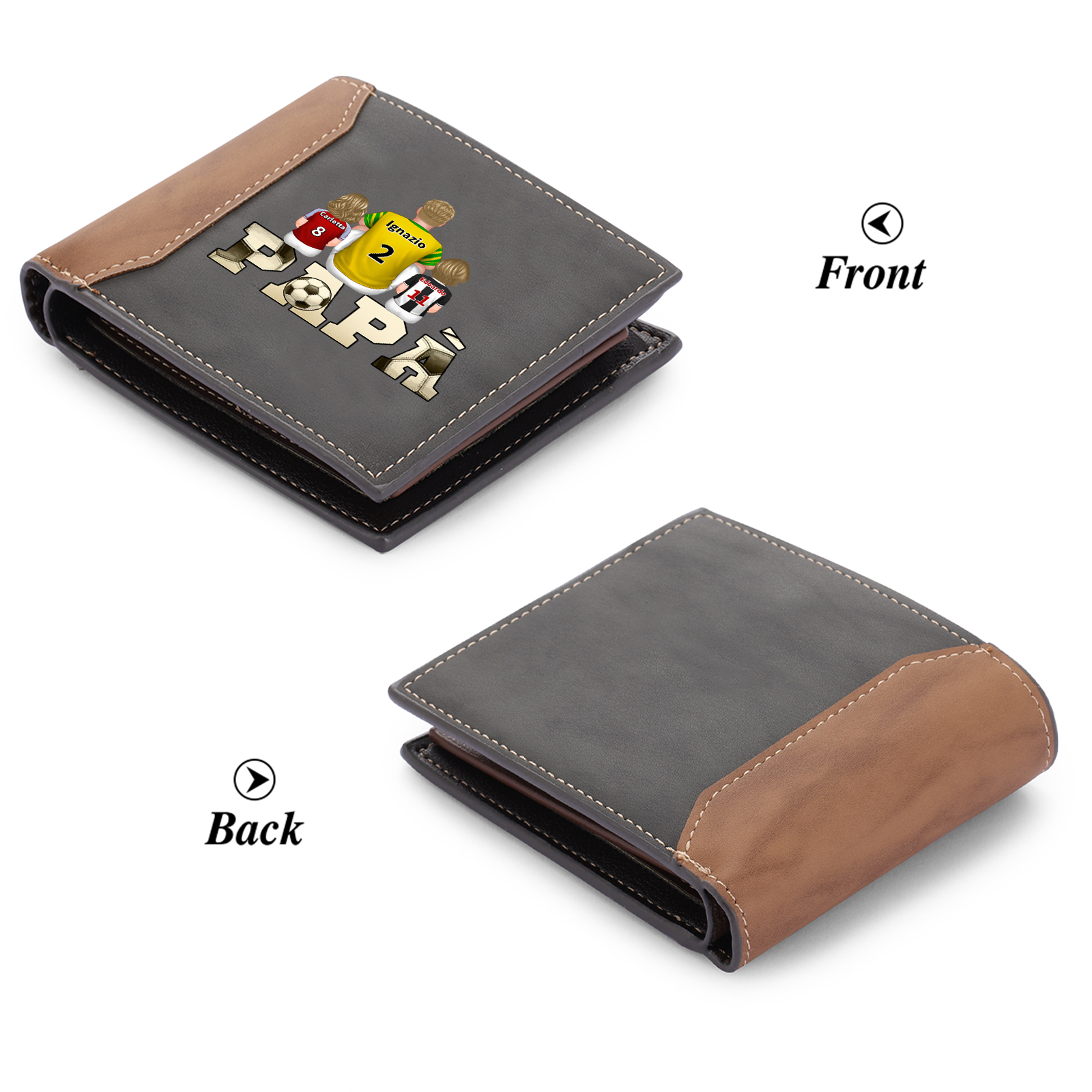 Regalo per Papà - Portafoglio personalizzato a tema calcio, design familiare con 1-4 nomi in pelle PU