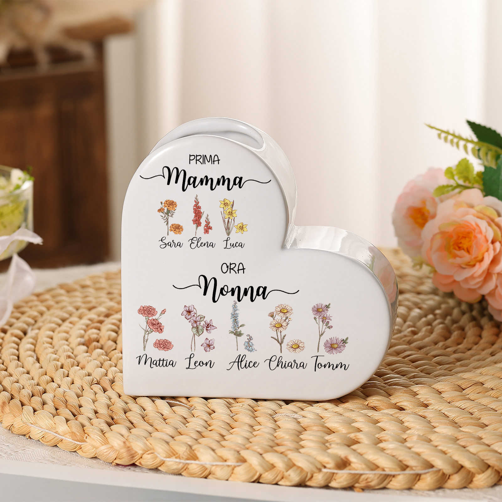 Vaso Cuore in Ceramica Personalizzato con 2–10 Nomi e Fiori di Nascita, regalo per la Festa della Mamma per Nonna e Mamma