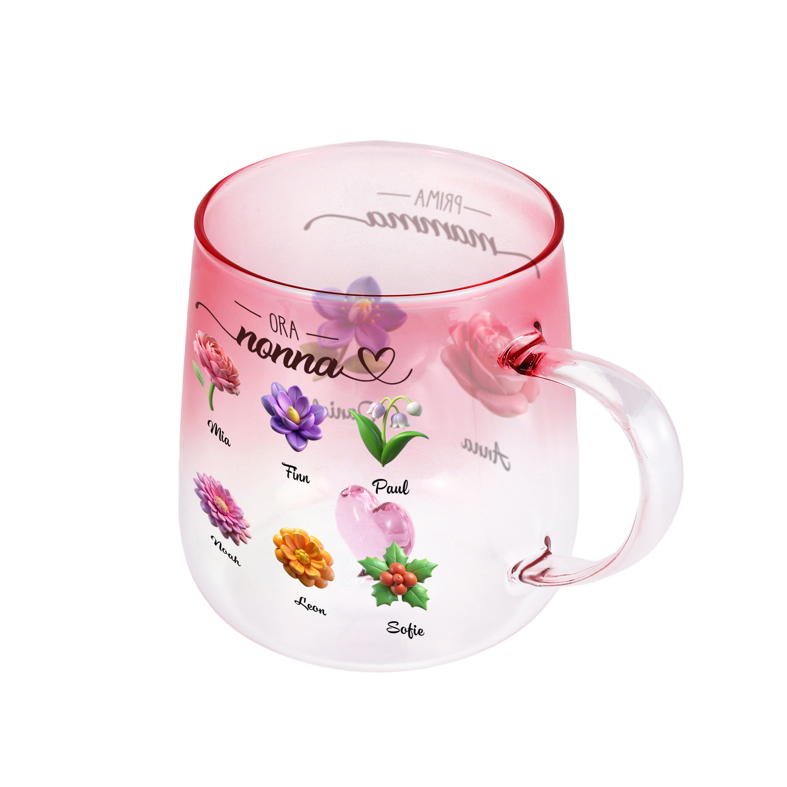 Tazza in vetro rosa sfumato, fiori e nomi personalizzati