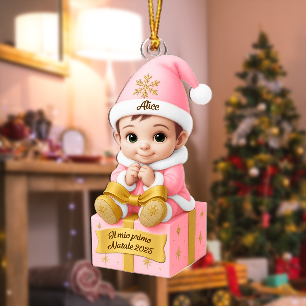 Decorazione personalizzata per l'albero di Natale – Bebè su pacco regalo per il primo Natale