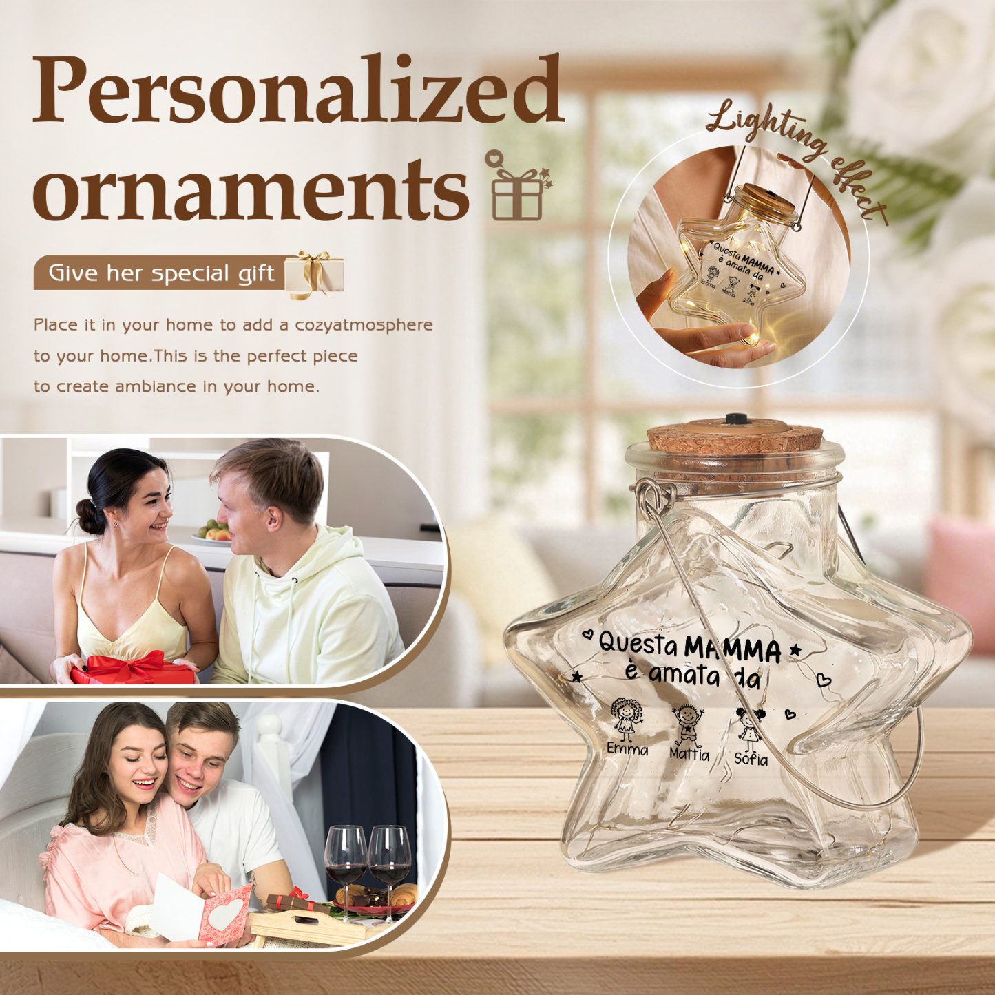 Bottiglia di vetro personalizzata a forma di stella con luci Questa mamma è amata da
