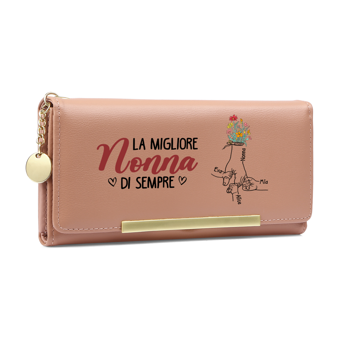 Portafoglio da donna personalizzato con motivo floreale "mano nella mano" – La migliore mamma/nonna di sempre