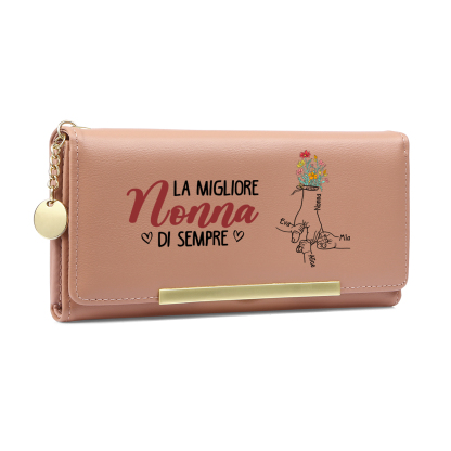 Portafoglio da donna personalizzato con motivo floreale "mano nella mano" – La migliore mamma/nonna di sempre