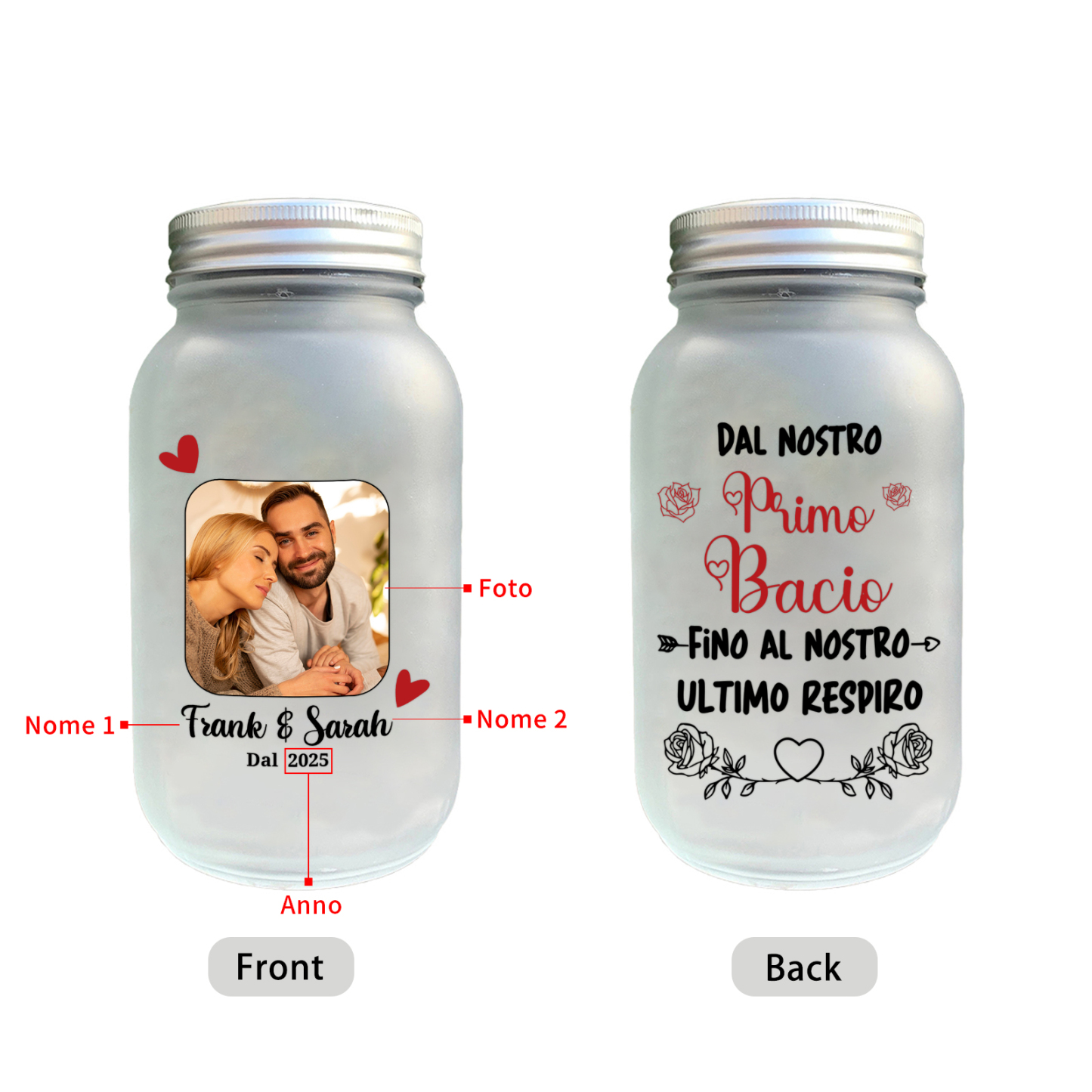 Bottiglia luminosa con foto di coppia personalizzata, barattolo Mason solare