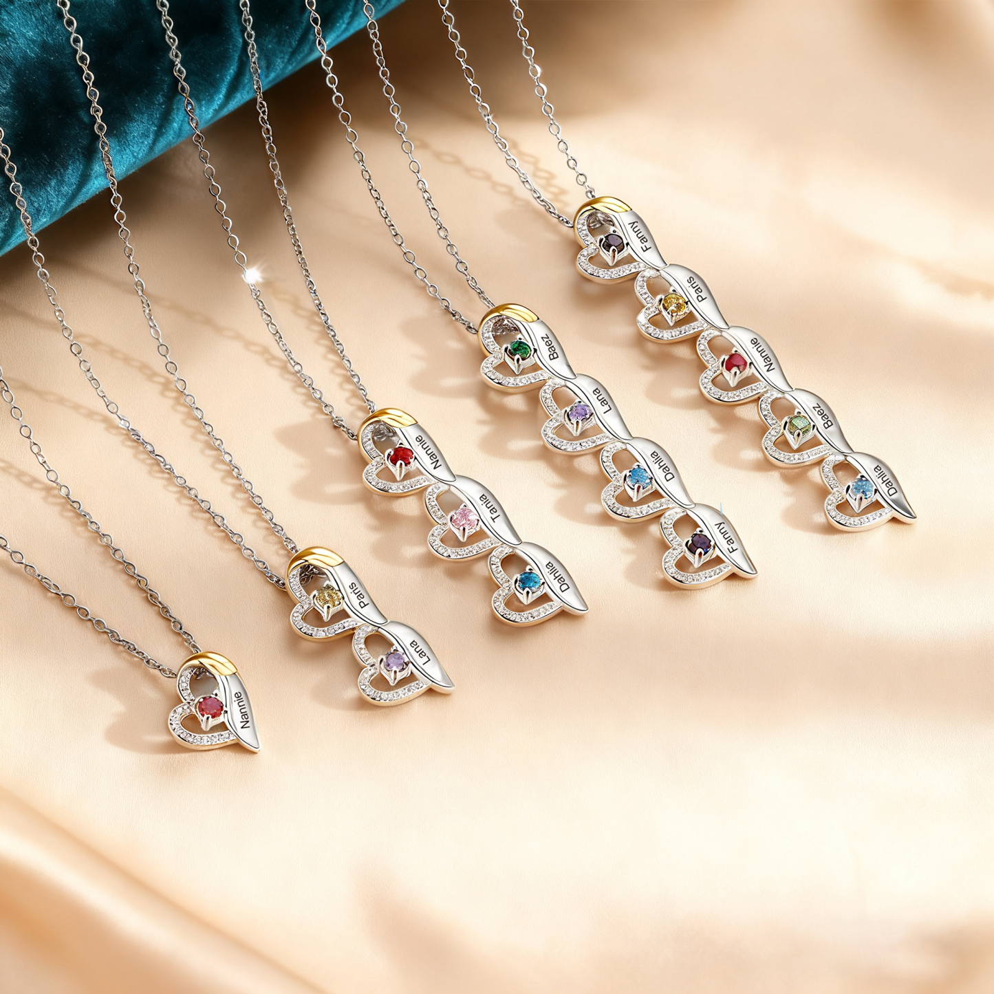 Collar de corazón con 3 piedras de nacimiento y 3 nombres collar personalizado para mujer | Jessemade