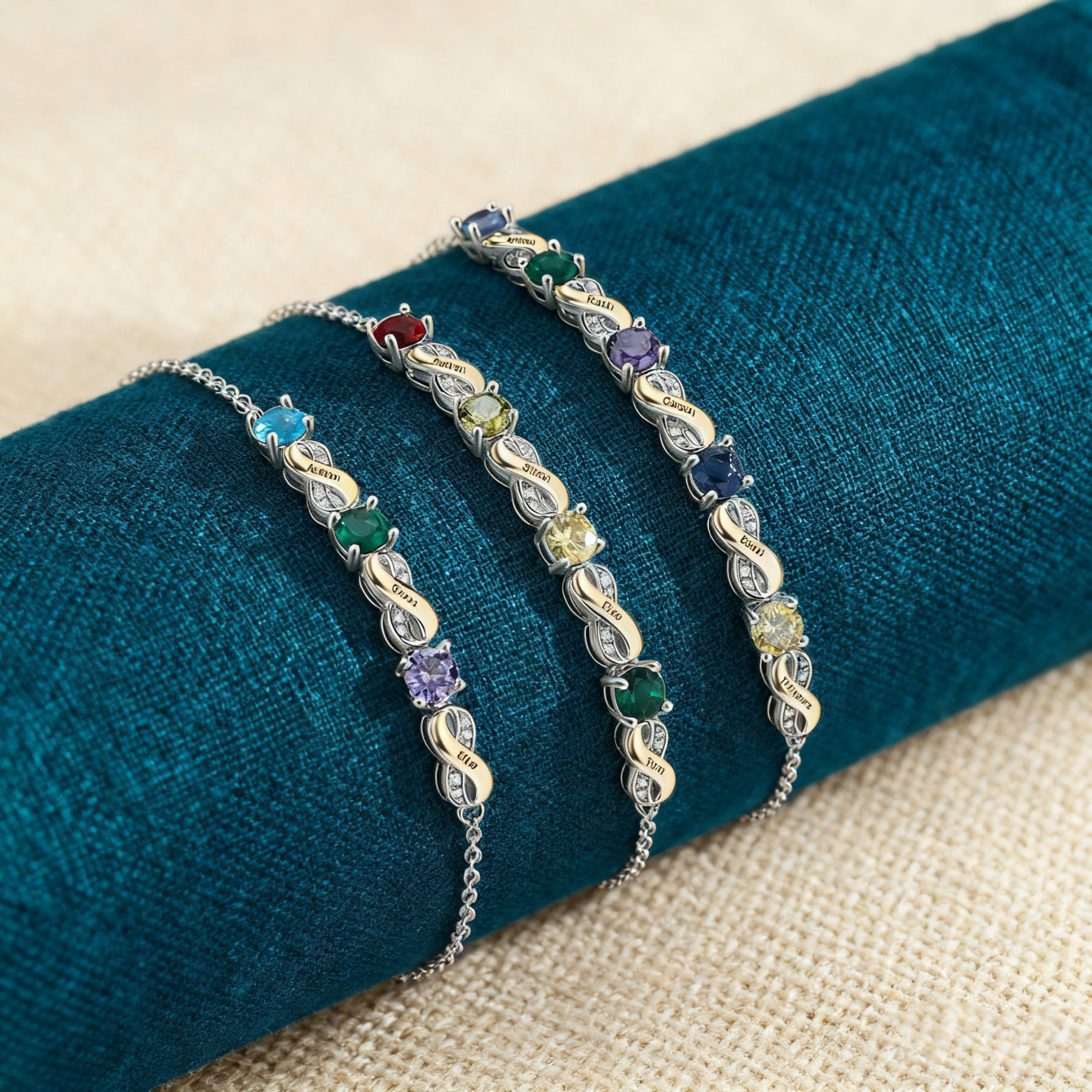 Pulsera para Mujer Infinito 3 Nombres Personalizados con 3 Piedras de Nacimiento