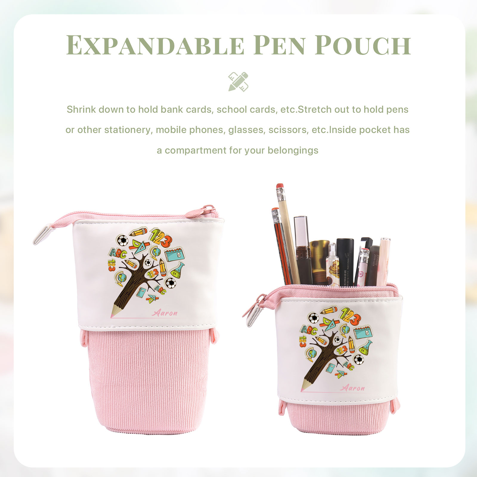 Estuche personalizado con nombre con diseños coloridos de árbol de ciencia para niños