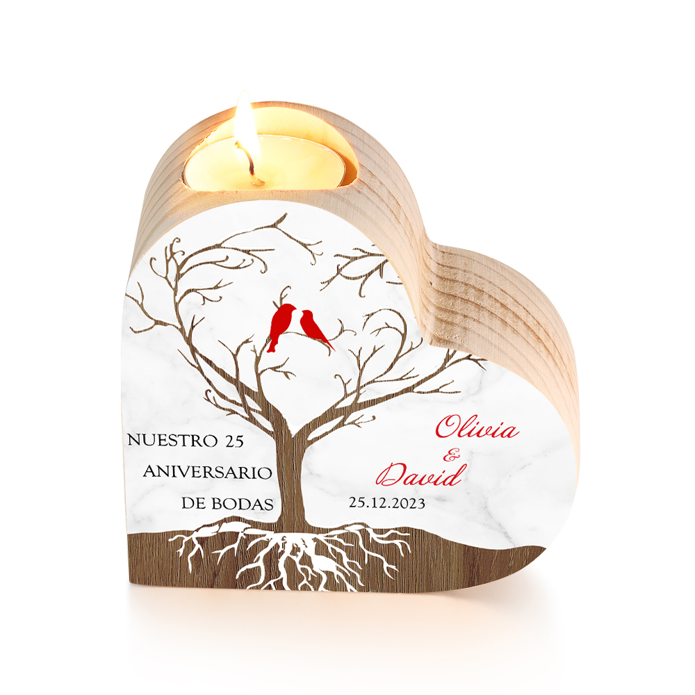 Aniversario de boda-Candelero de madera para pareja con pájaros de amor sin vela personalizado con nombres, fecha y número-Jessemade ES