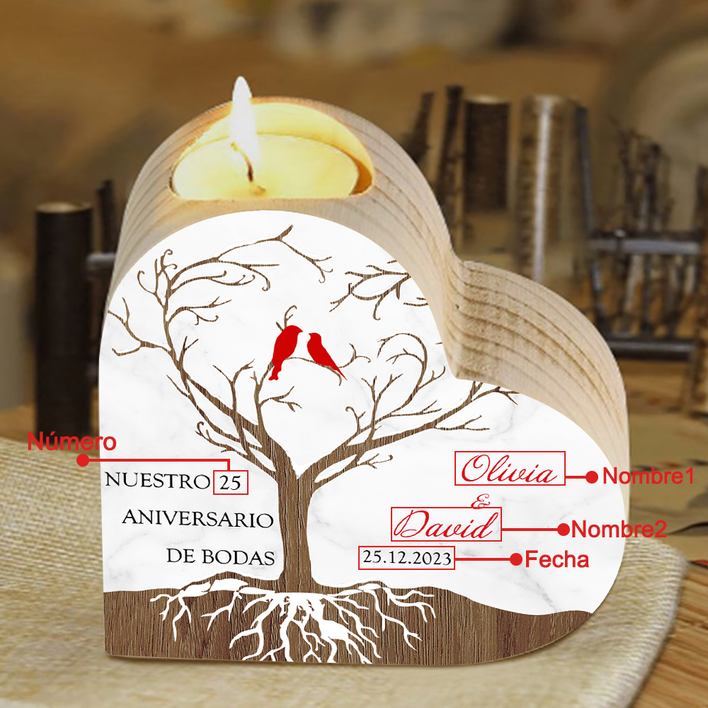 Aniversario de boda-Candelero de madera para pareja con pájaros de amor sin vela personalizado con nombres, fecha y número-Jessemade ES