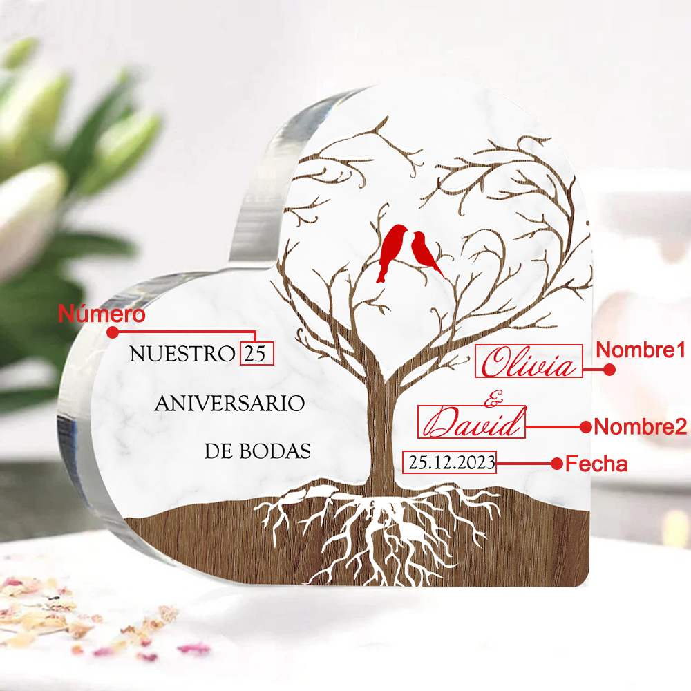 Navidad-Placa de acrílico en forma de corazón aniversario de bodas con número, fecha y nombres personalizados-Jessemade ES