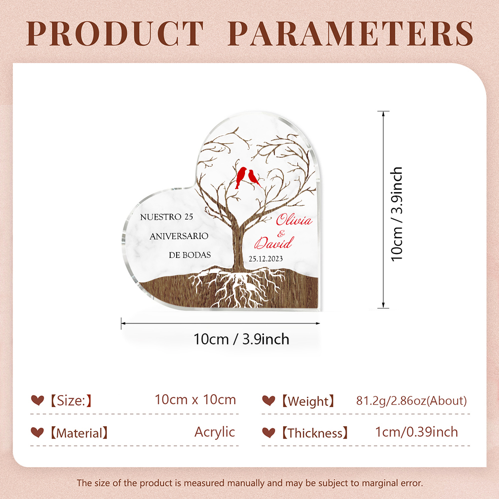 Navidad-Placa de acrílico en forma de corazón aniversario de bodas con número, fecha y nombres personalizados-Jessemade ES