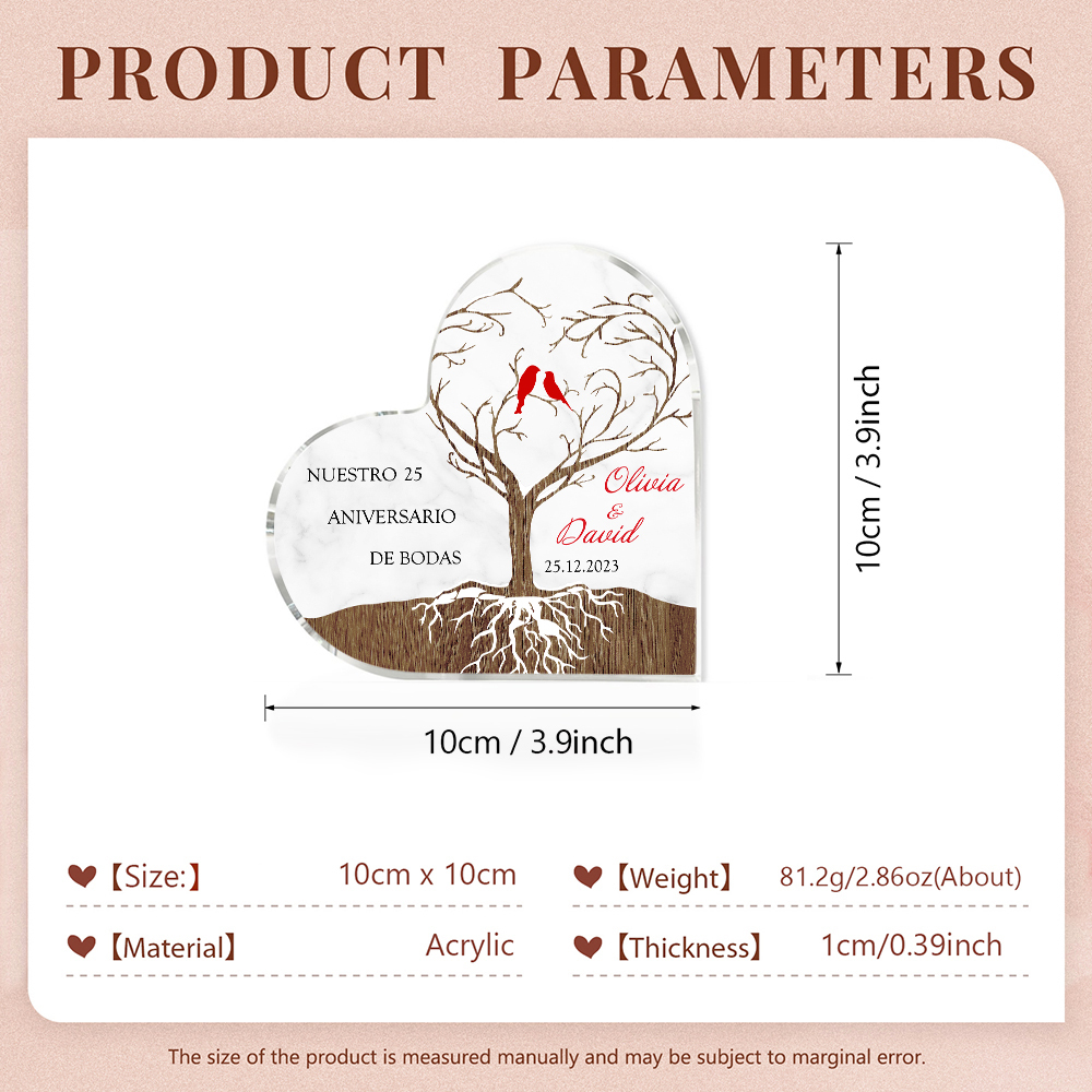 Navidad-Placa de acrílico en forma de corazón aniversario de bodas con número, fecha y nombres personalizados-Jessemade ES