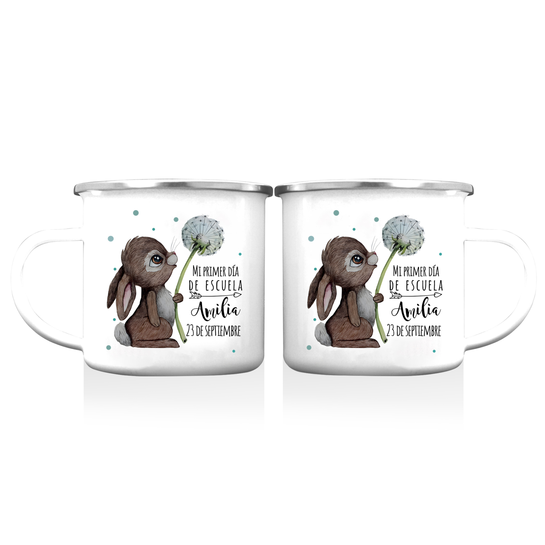 Vuelta al cole-Taza para niños "conejita" con 1 nombre y fecha personalizados
