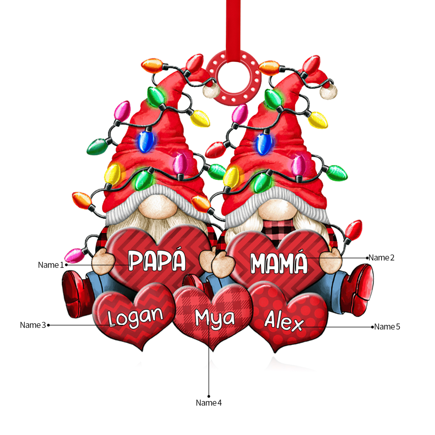 Navidad-Ornamento de duendes y corazones de madera para familia 5 nombres personalizados | Jessemade