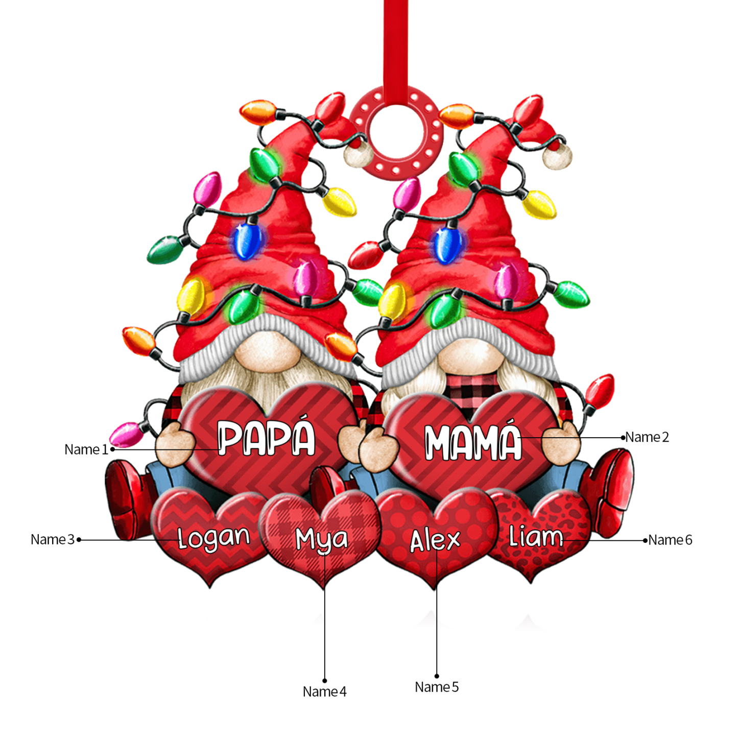 Navidad-Ornamento de duendes y corazones de madera para familia 6 nombres personalizados | Jessemade