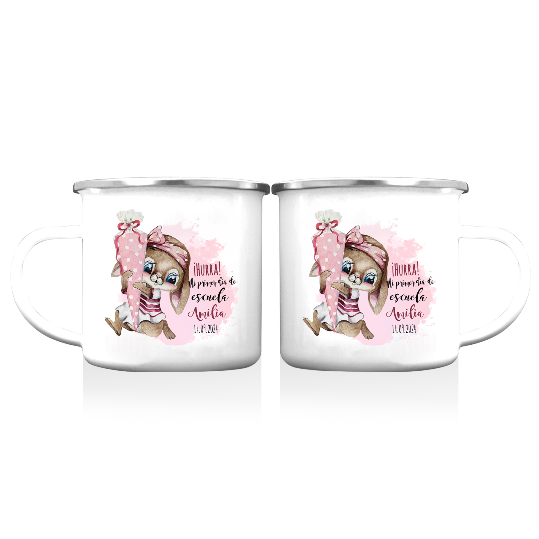 Vuelta al cole-Taza para niños "conejita" con 1 nombre y fecha personalizados