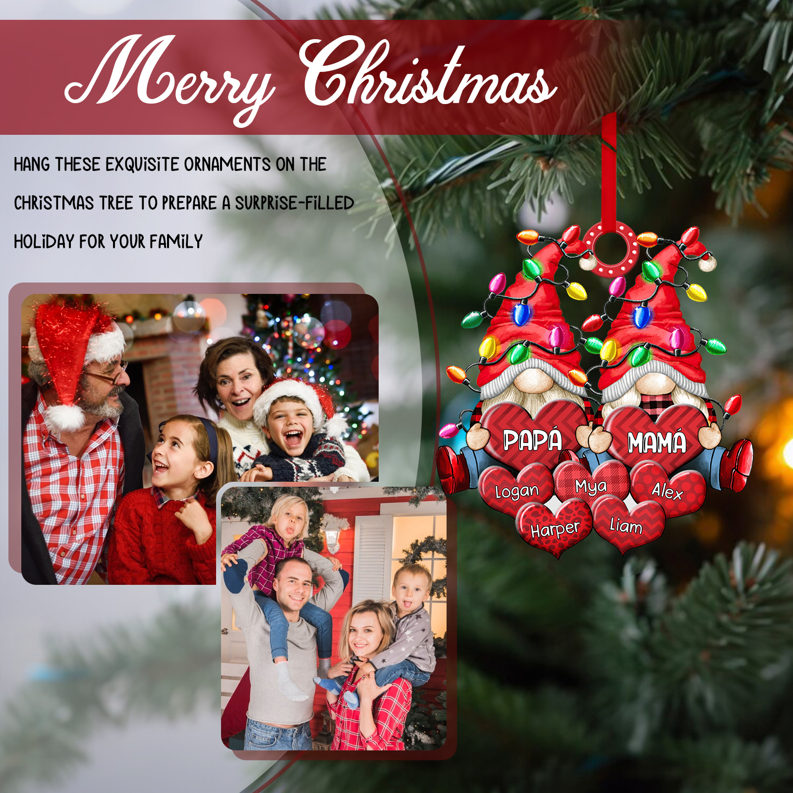 Navidad-Ornamento de duendes y corazones de madera para familia 7 nombres personalizados | Jessemade