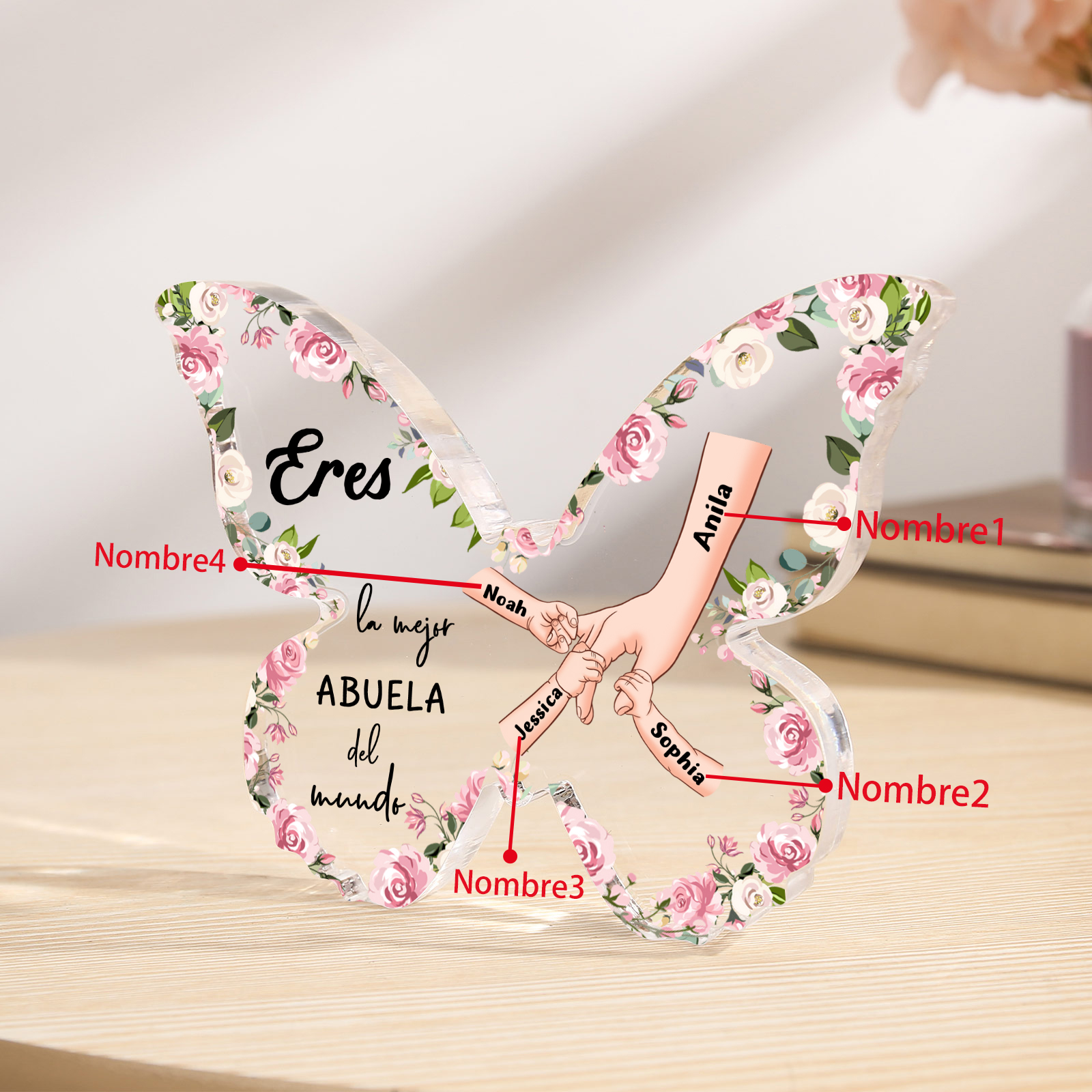 A mi abuela-Placa de acrílico mano con mano en forma de mariposa 4 nombres personalizados | Jessemade
