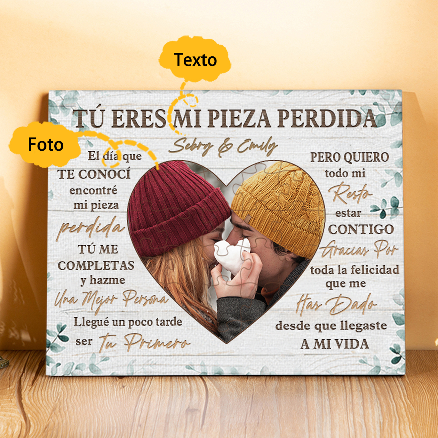 Lámina corazón y rompecabezas marco de madera para pareja personalizado con texto y foto | Jessemade