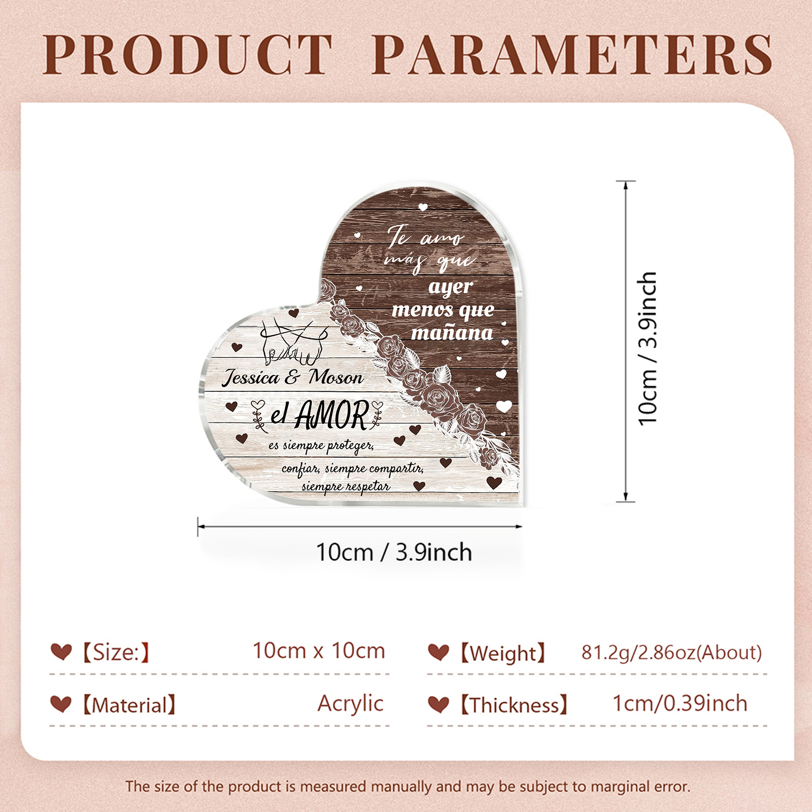 Placa de acrílico en forma de corazón de pareja con frase de amor con 2 nombres personalizados | Jessemade