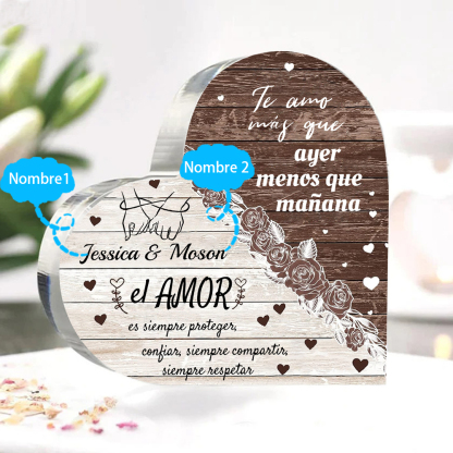 Placa de acrílico en forma de corazón de pareja con frase de amor con 2 nombres personalizados | Jessemade