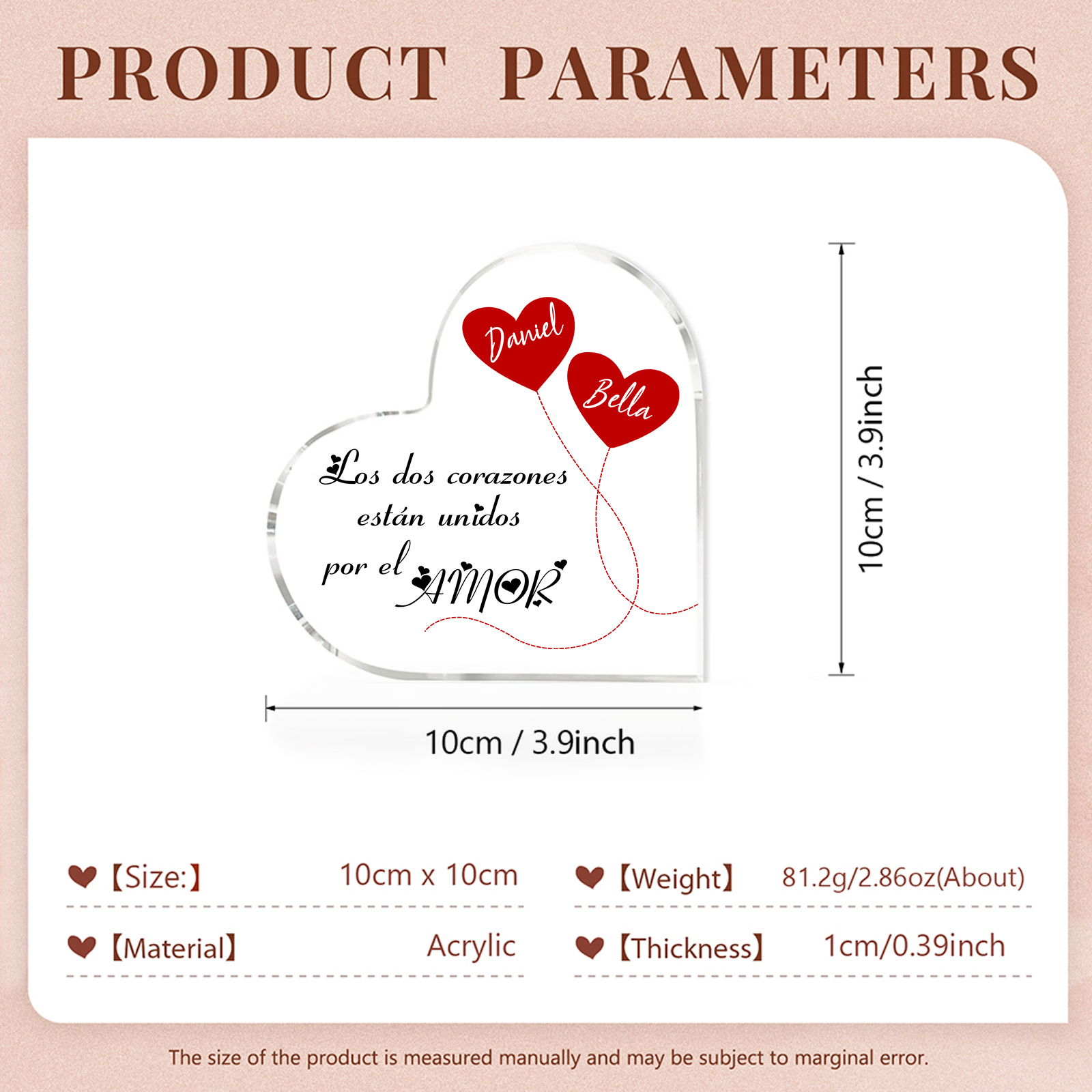 Placa de acrílico en forma de corazón de pareja con corazón 2 nombres personalizados | Jessemade