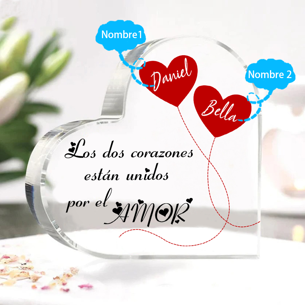 Placa de acrílico en forma de corazón de pareja con corazón 2 nombres personalizados | Jessemade