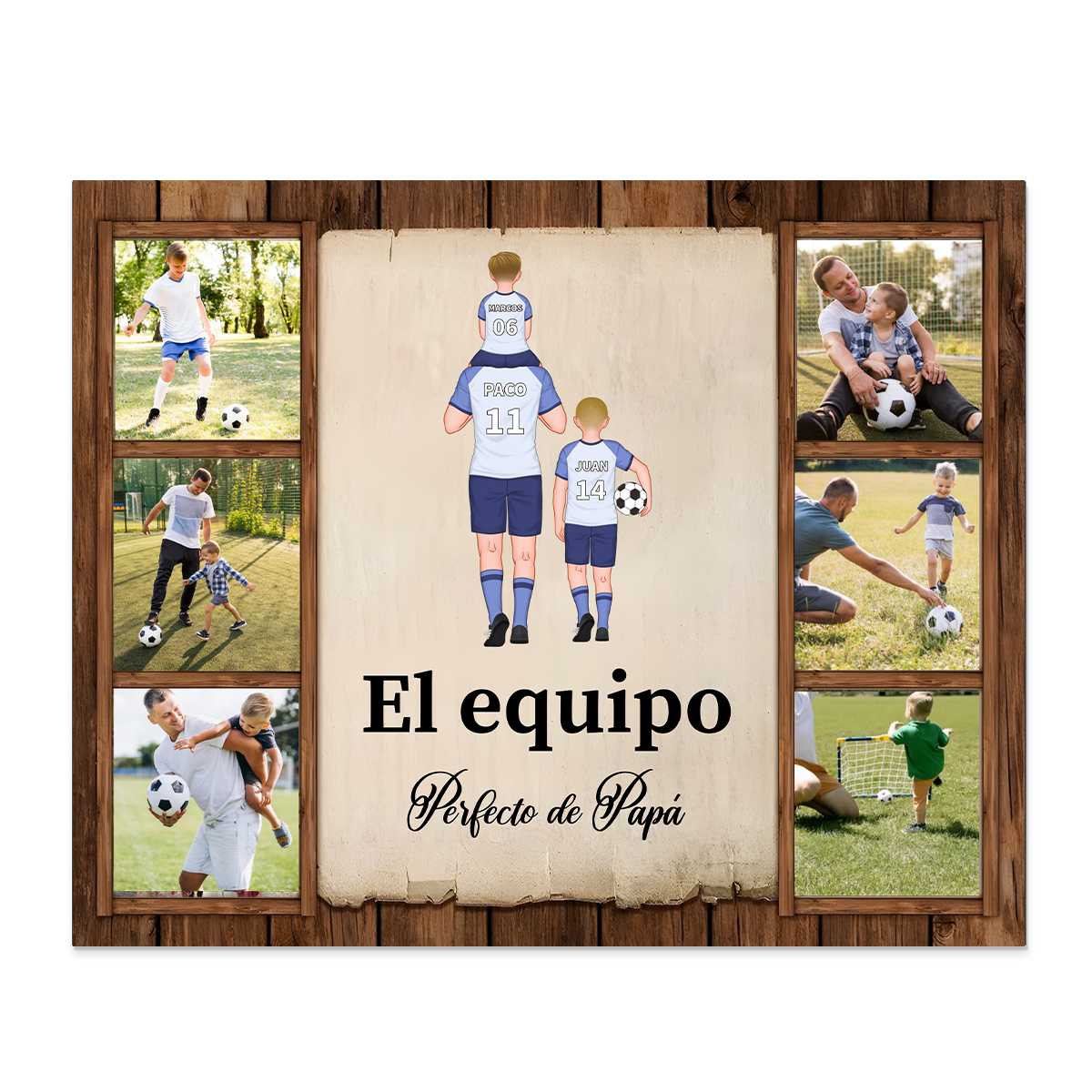 A mi papá - Lámina marco de madera de fútbol 2-9 nombres y 6 fotos con 1 texto personalizados | Jessemade