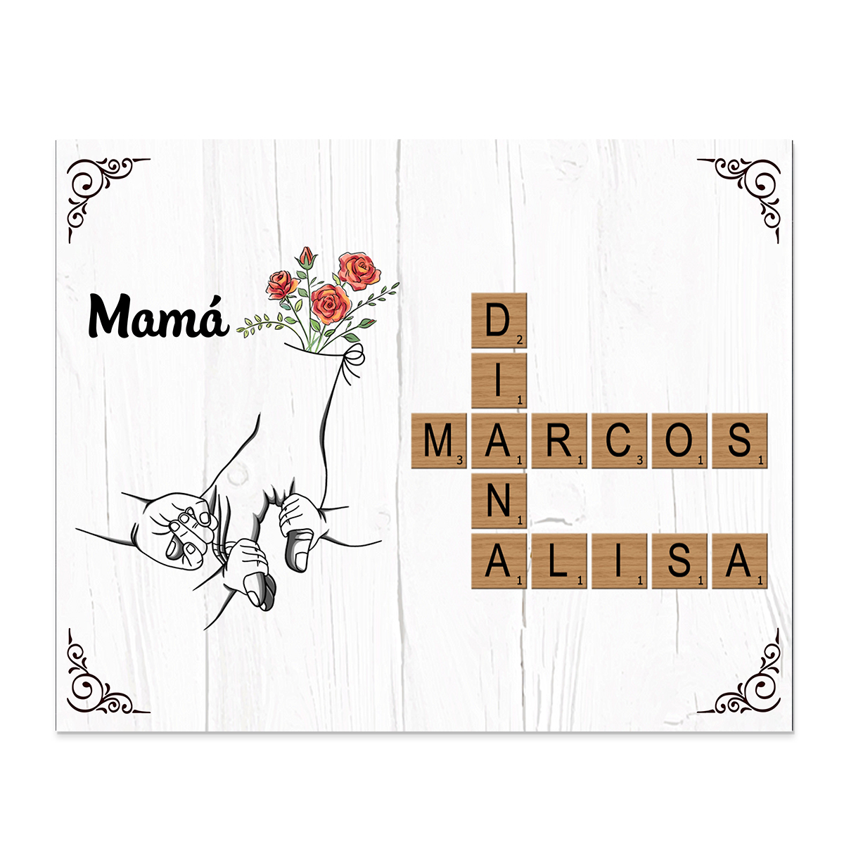A familia - Lámina crucigrama y mano con mano 1-12 nombres personalizados con 1 texto marco de madera | Jessemade