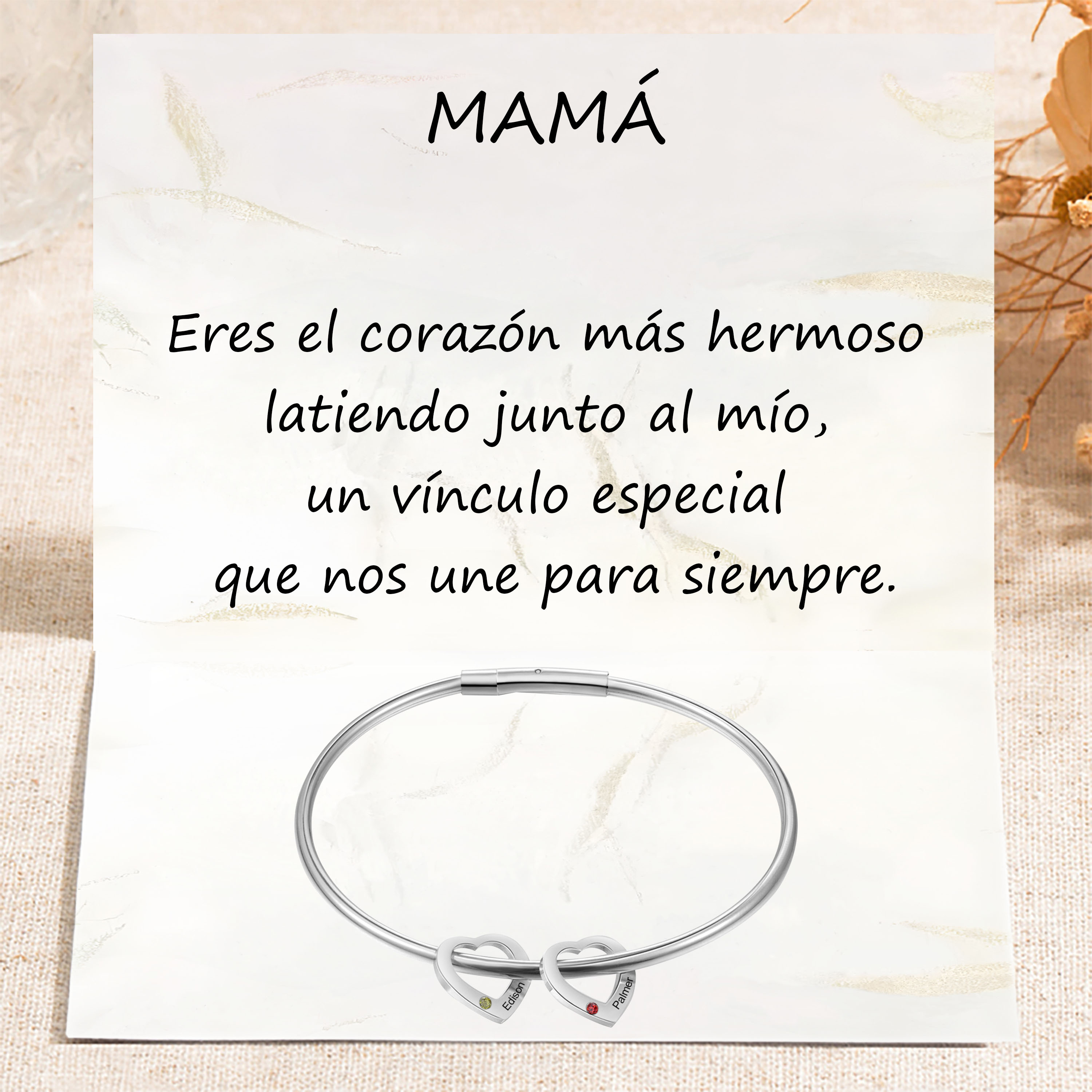 A mi mamá-Pulsera para mujer con colgantes de corazón personalizados con 2 nombres y 2 piedras de nacimiento | Jessemade