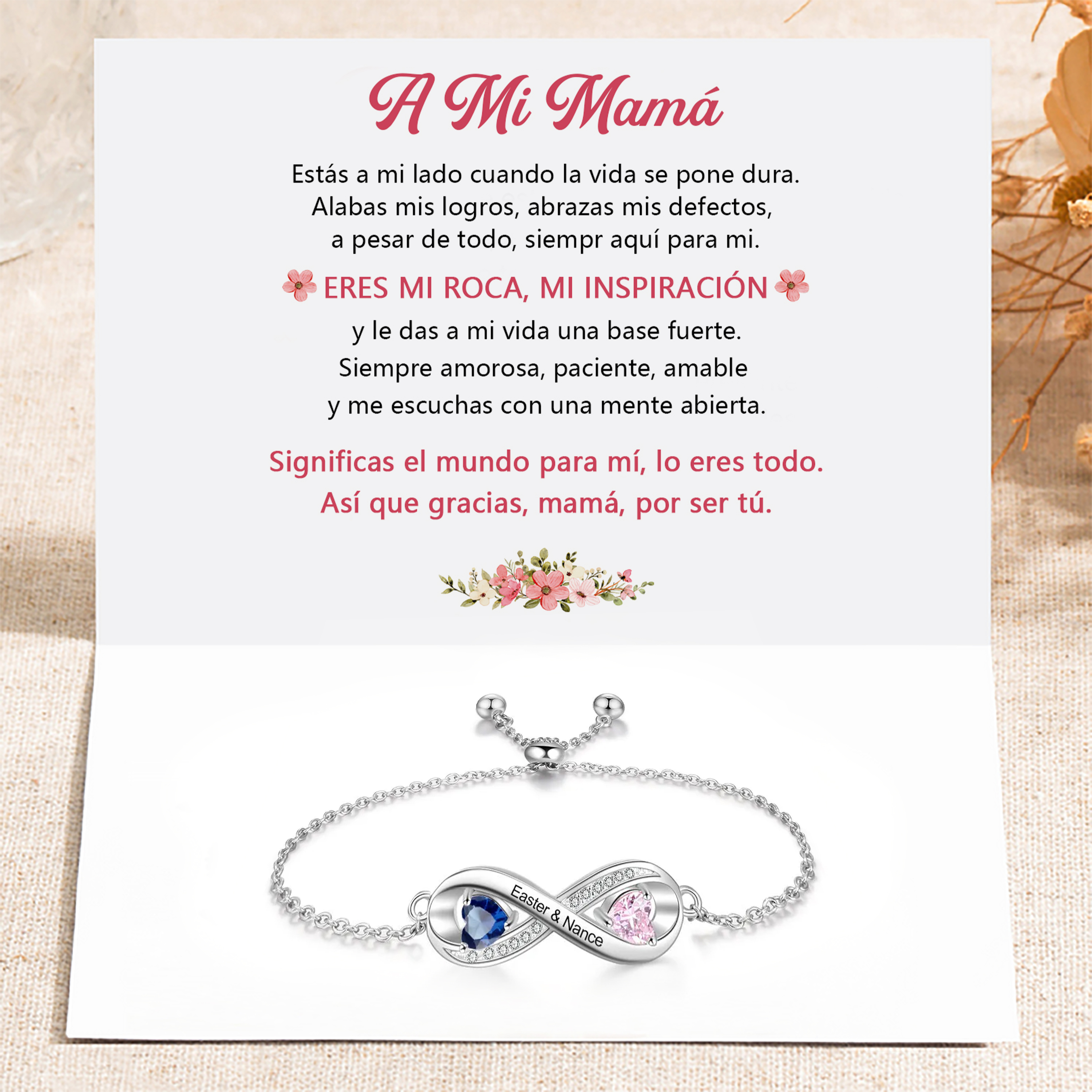 A mi mamá-Pulsera para mujer de "infinito" con 2 nombres personalizados y 2 piedras de nacimiento | Jessemade