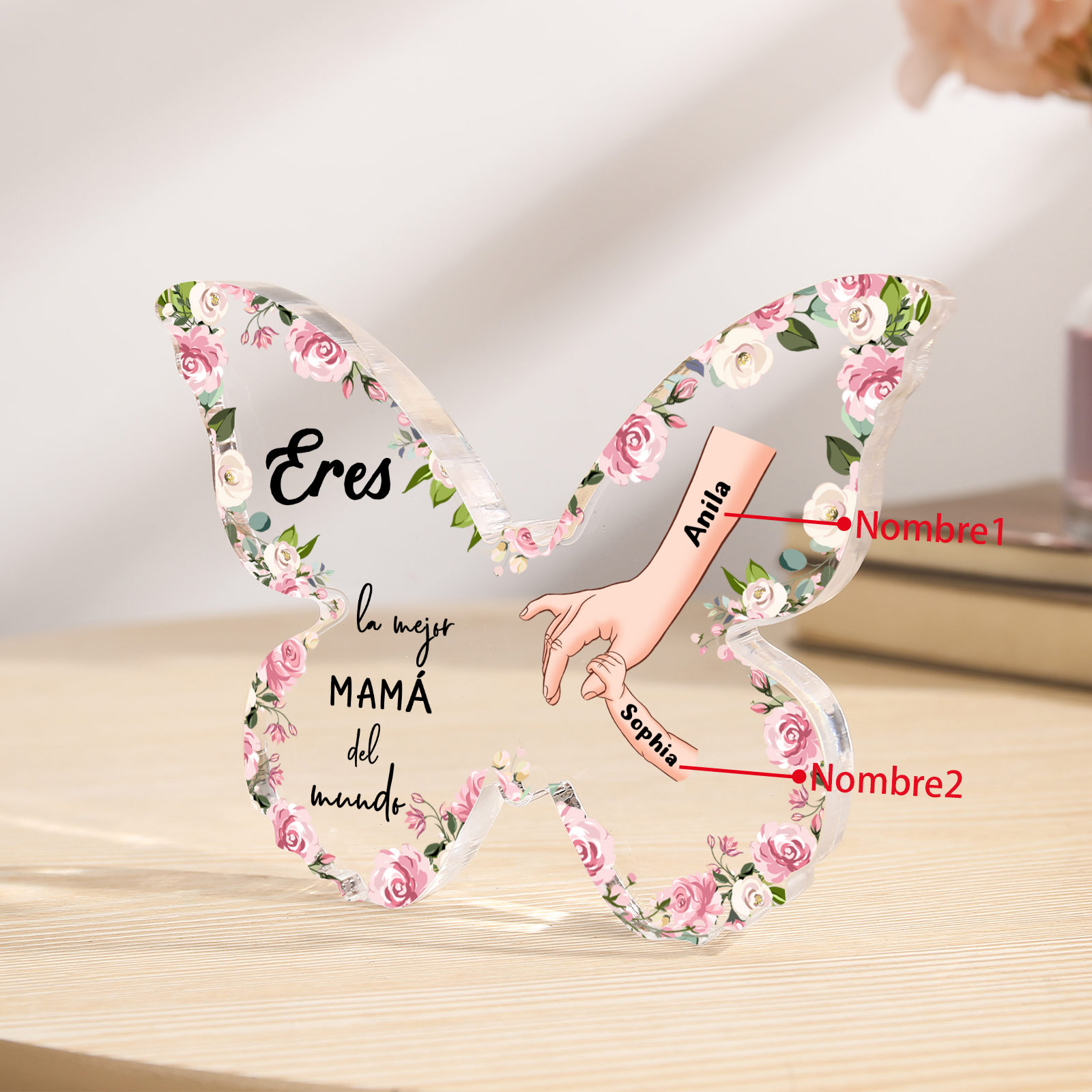 A mi mamá-Placa de acrílico en forma de mariposa mano con mano 2 nombres personalizados | Jessemade