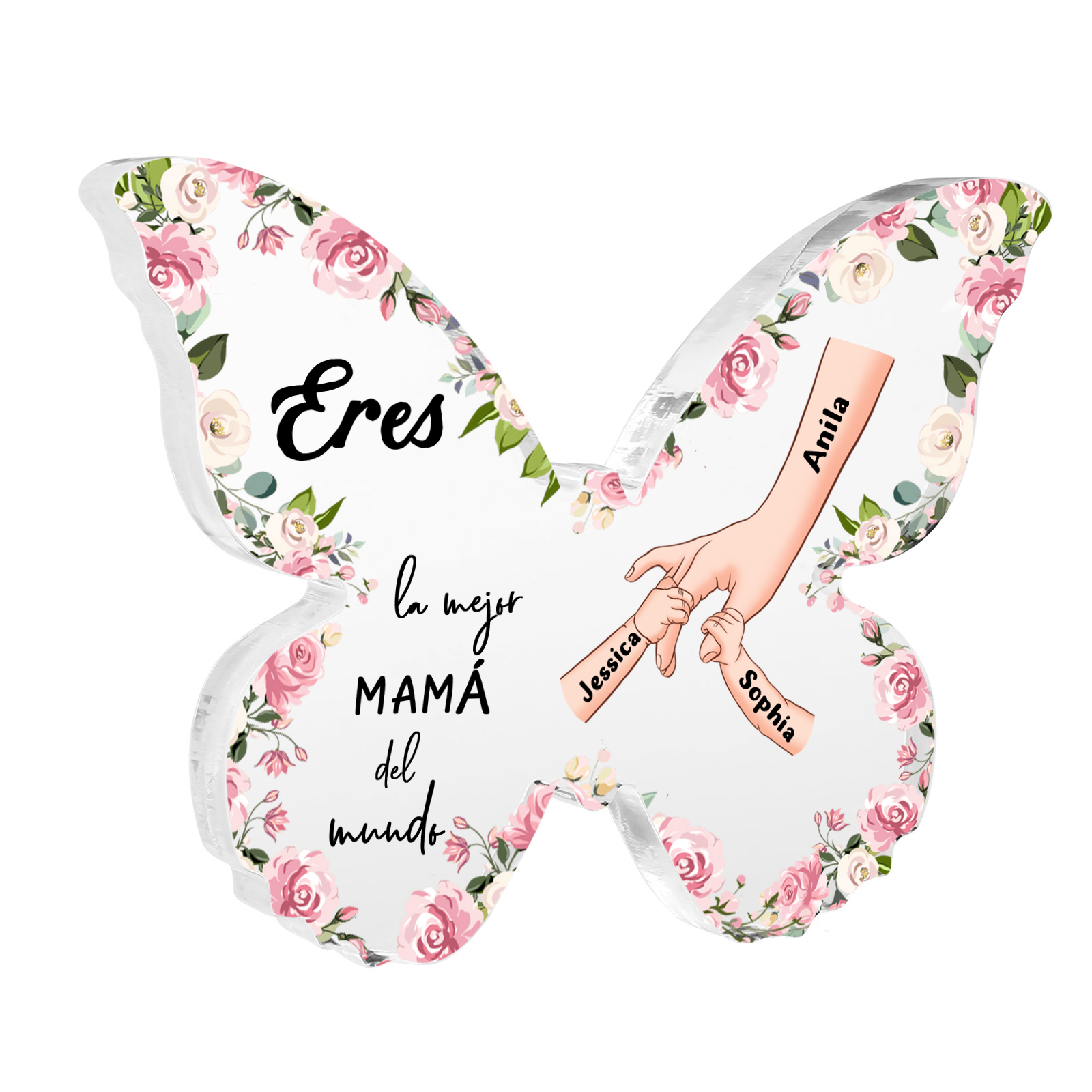 A mi mamá-Placa de acrílico en forma de mariposa mano con mano 3 nombres personalizados | Jessemade