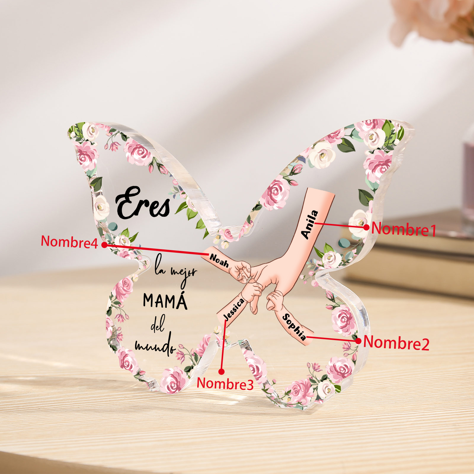 A mi mamá-Placa de acrílico en forma de mariposa mano con mano 4 nombres personalizados | Jessemade