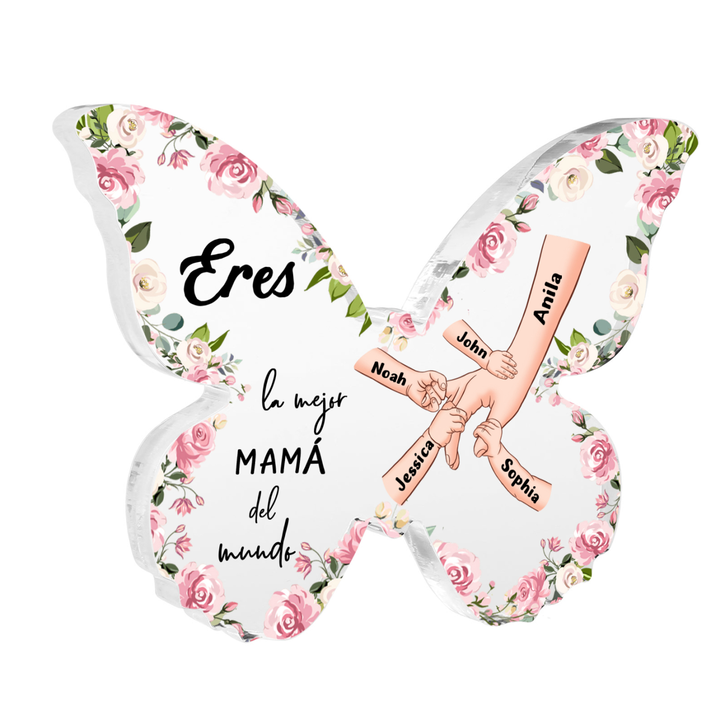 A mi mamá-Placa de acrílico en forma de mariposa mano con mano 5 nombres personalizados | Jessemade