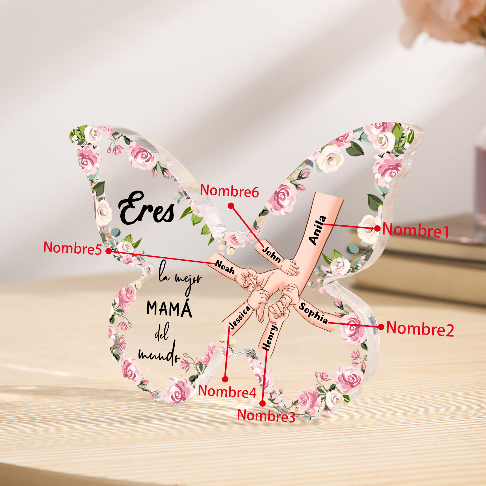 A mi mamá-Placa de acrílico en forma de mariposa mano con mano 6 nombres personalizados | Jessemade