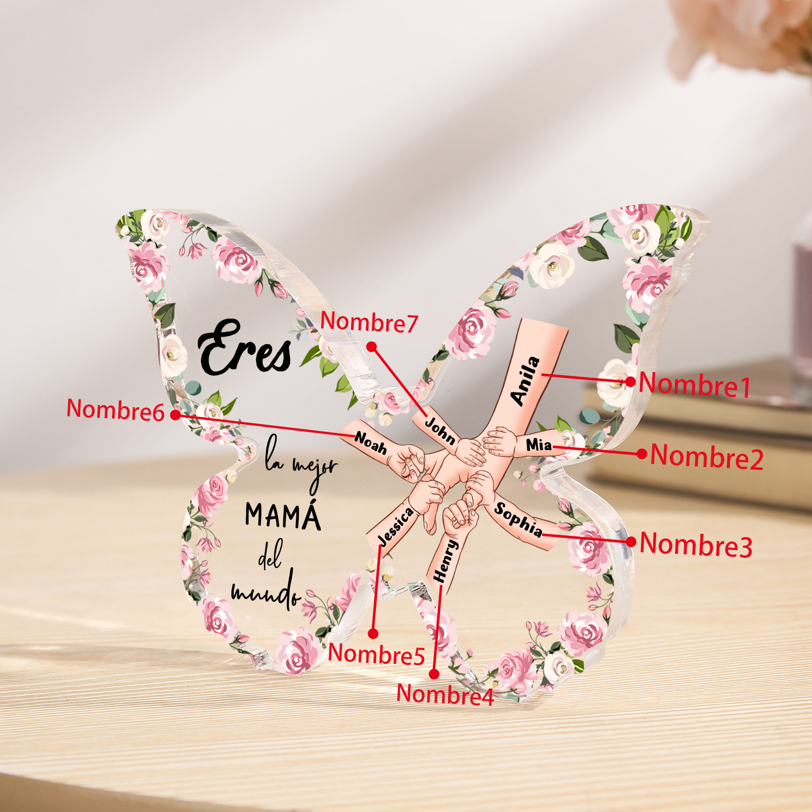 A mi mamá-Placa de acrílico en forma de mariposa mano con mano 7 nombres personalizados | Jessemade