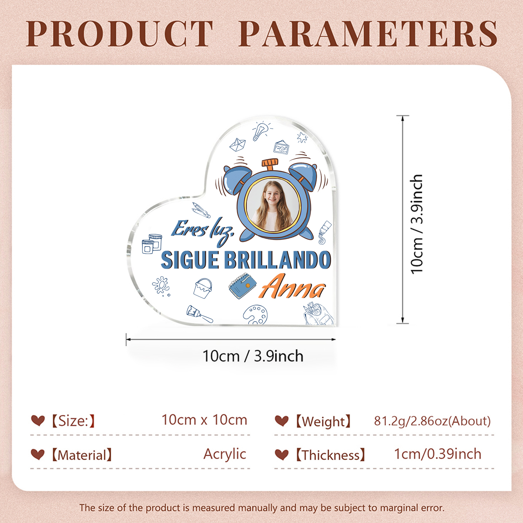 Vuelta al cole-Placa de acrílico en forma de corazón con nombre y foto personalizados