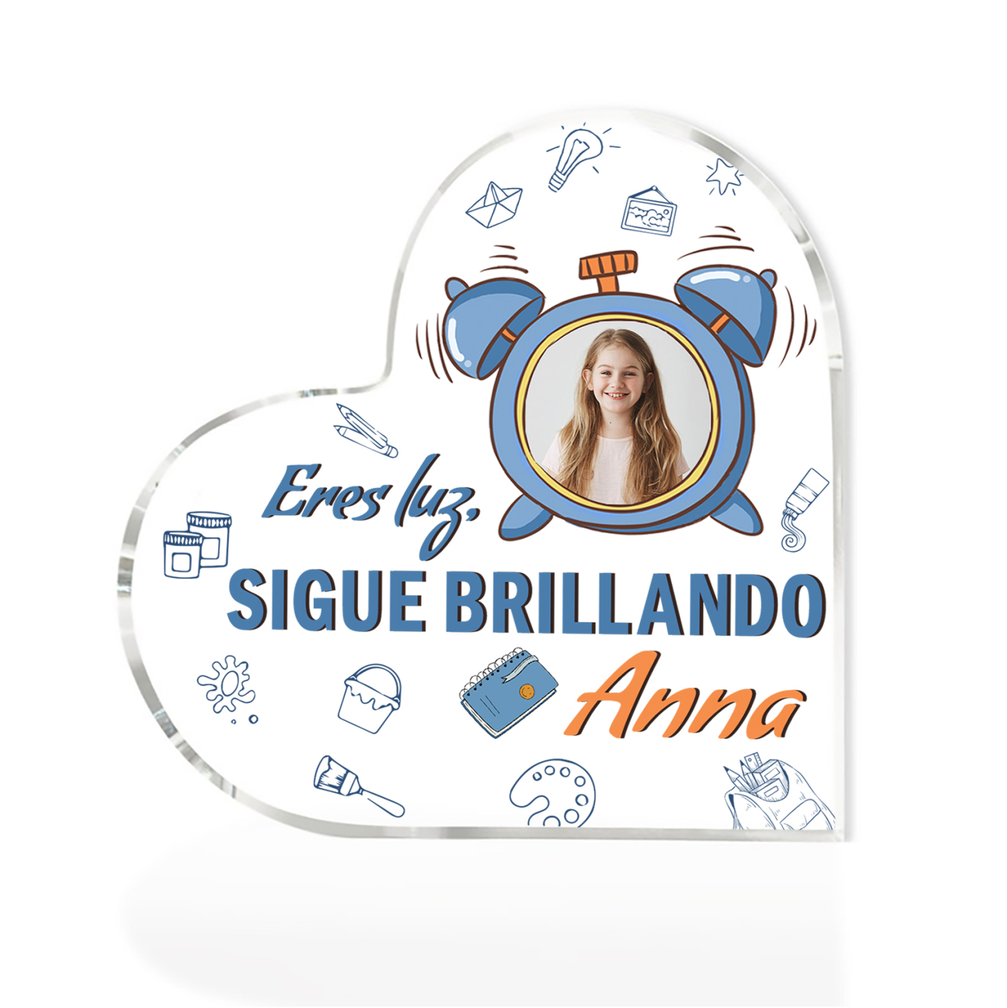 Vuelta al cole-Placa de acrílico en forma de corazón con nombre y foto personalizados