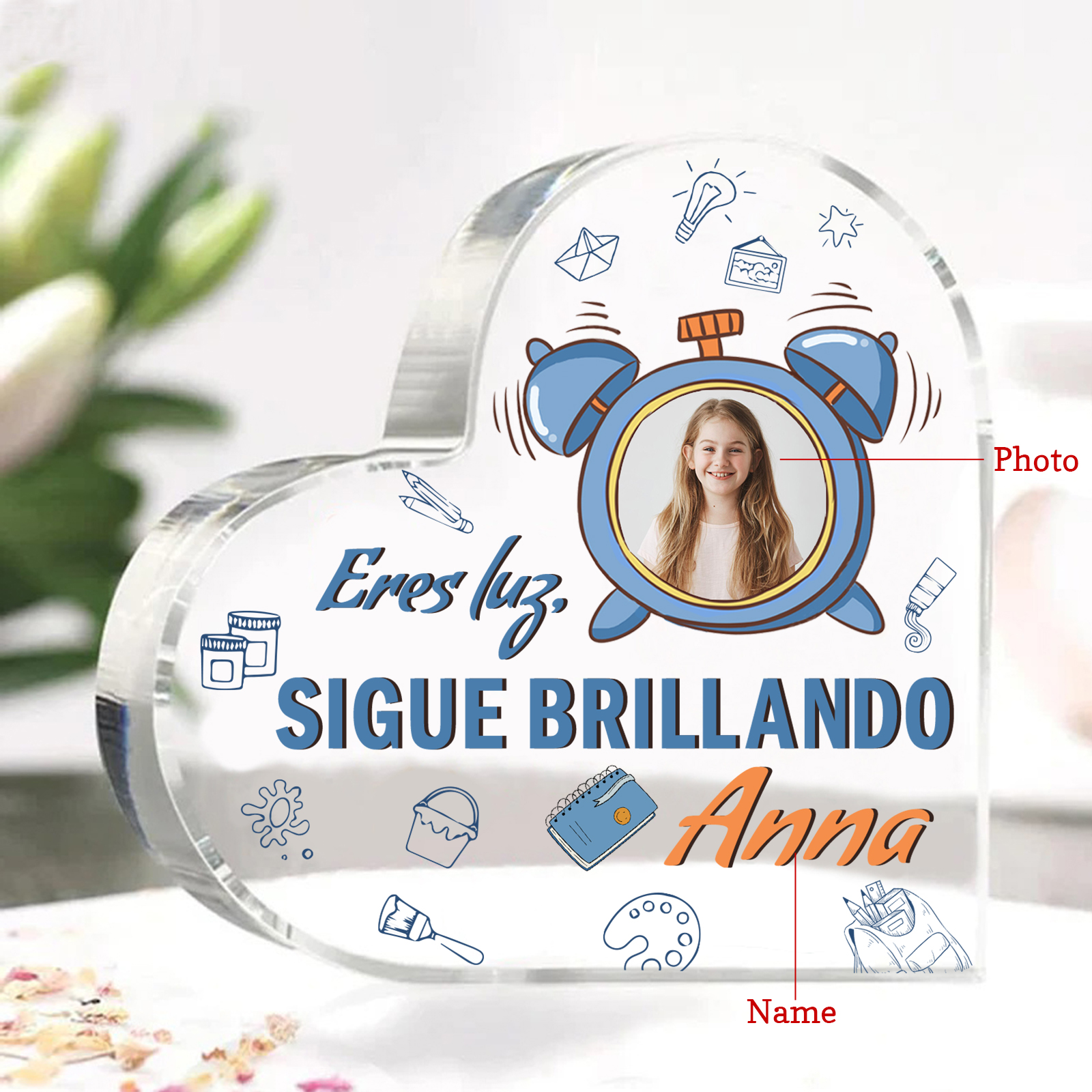 Vuelta al cole-Placa de acrílico en forma de corazón con nombre y foto personalizados