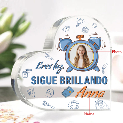 Vuelta al cole-Placa de acrílico en forma de corazón con nombre y foto personalizados