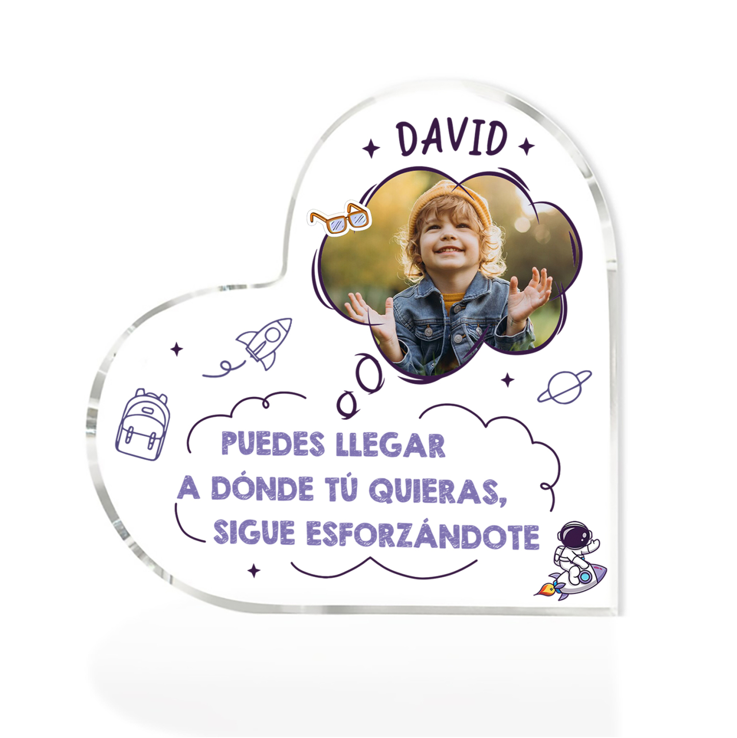 Vuelta al cole-Placa de acrílico en forma de corazón con nombre y foto personalizados