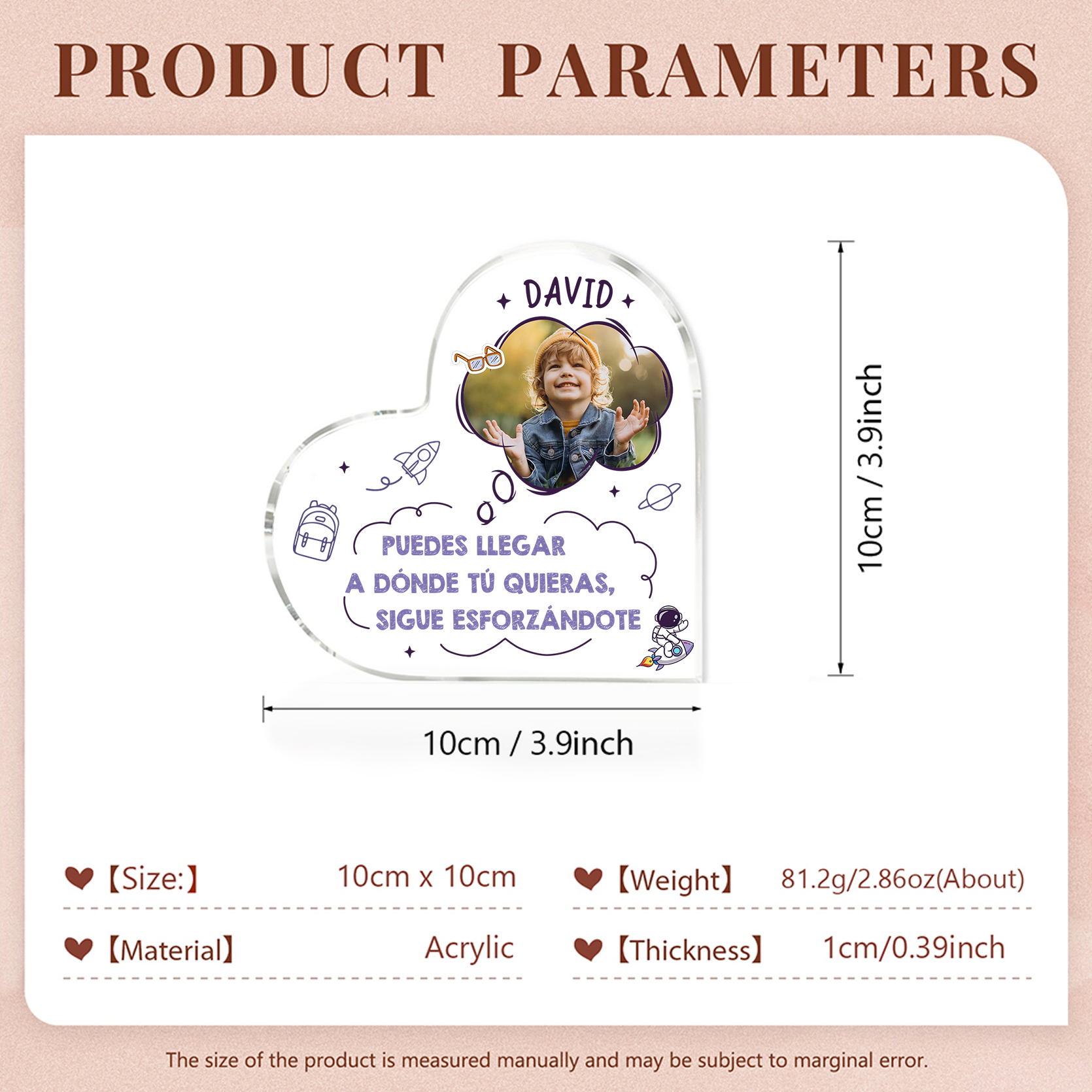 Vuelta al cole-Placa de acrílico en forma de corazón con nombre y foto personalizados