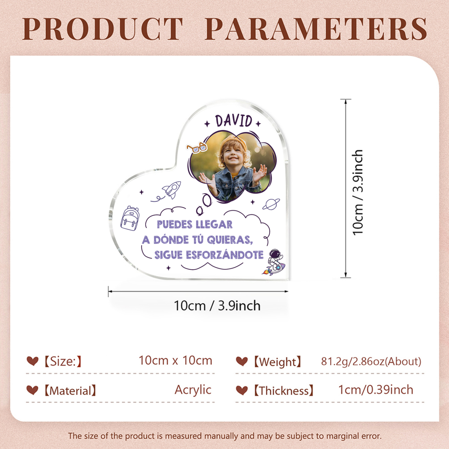 Vuelta al cole-Placa de acrílico en forma de corazón con nombre y foto personalizados