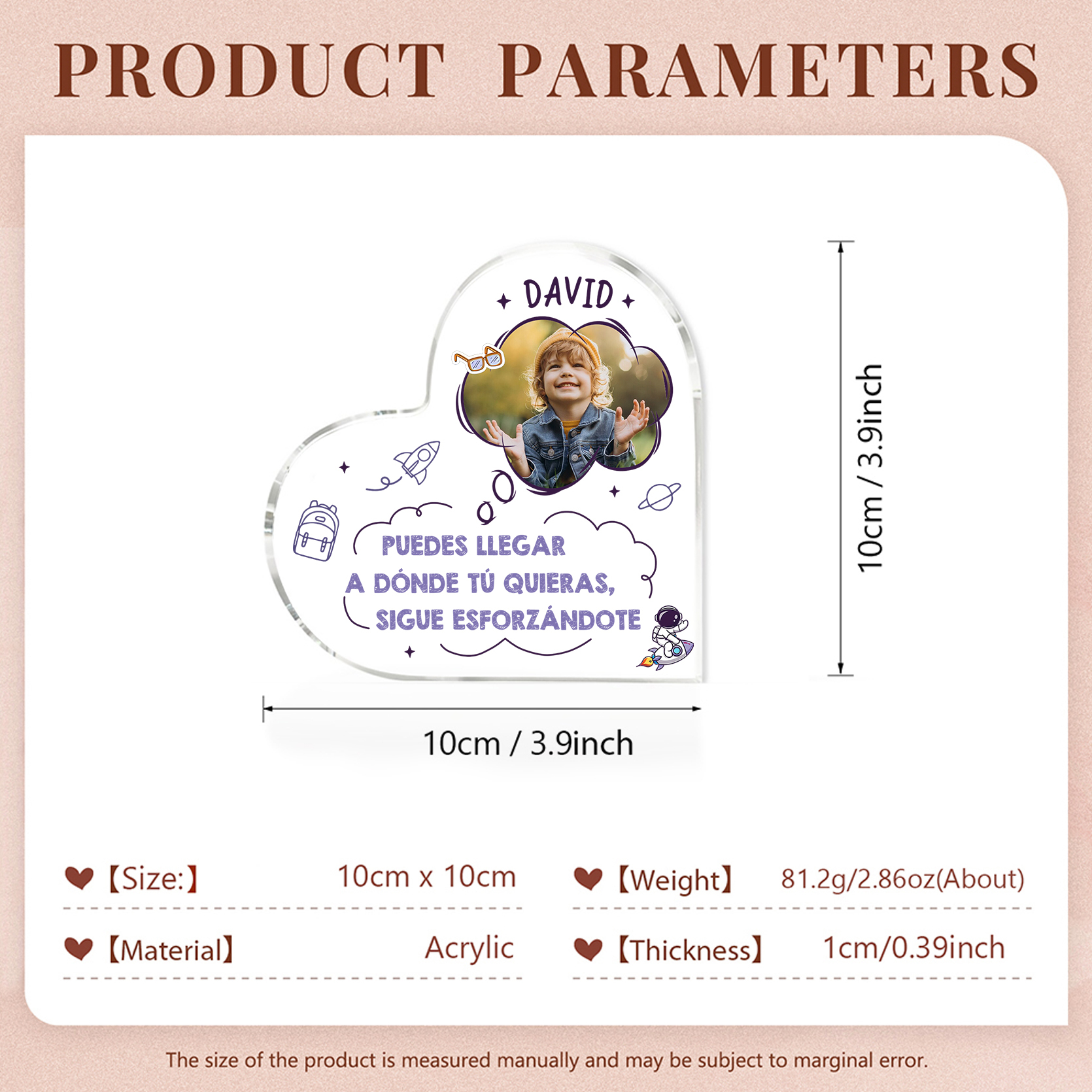 Vuelta al cole-Placa de acrílico en forma de corazón con nombre y foto personalizados