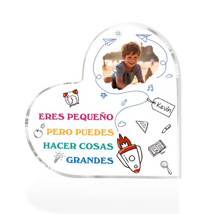 Vuelta al cole-Placa de acrílico en forma de corazón con nombre y foto personalizados